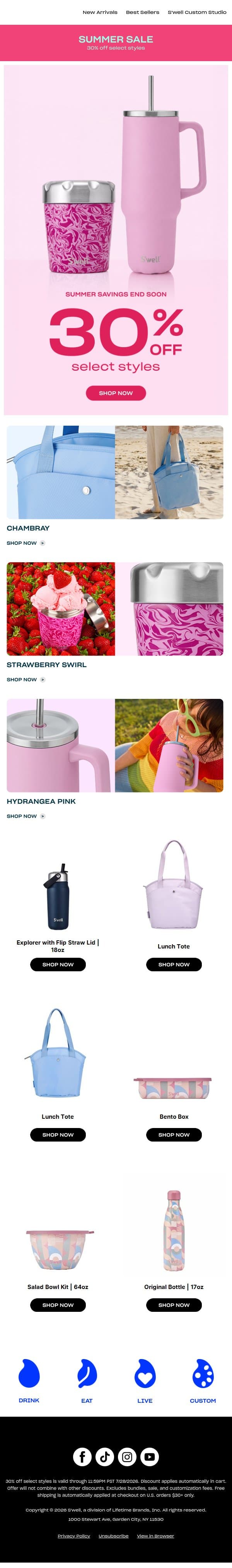 30% Off Summer Favorites Ends Soon email from S'well screenshot