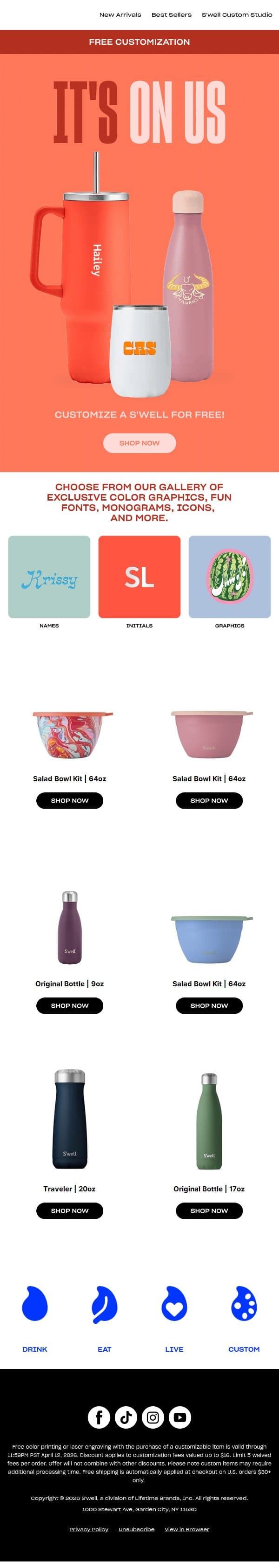 Need Gift Ideas? Free Customization Is Happening Now email from S'well screenshot