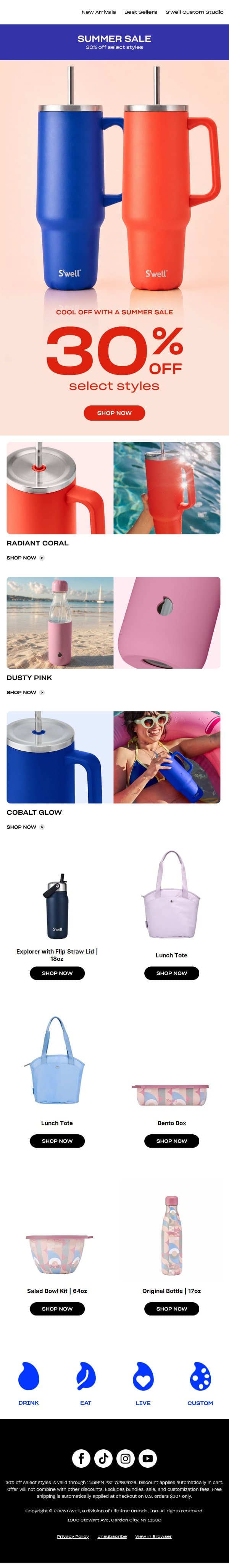 Summer Savings Are Here: 30% Off Select Styles email from S'well screenshot