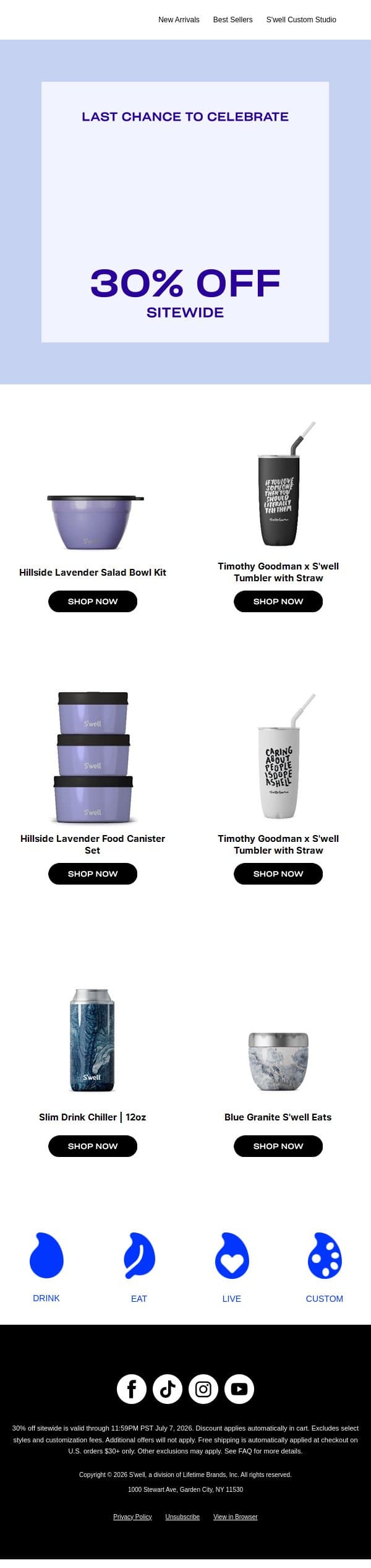 30% Off Sitewide Ends Tonight email from S'well screenshot