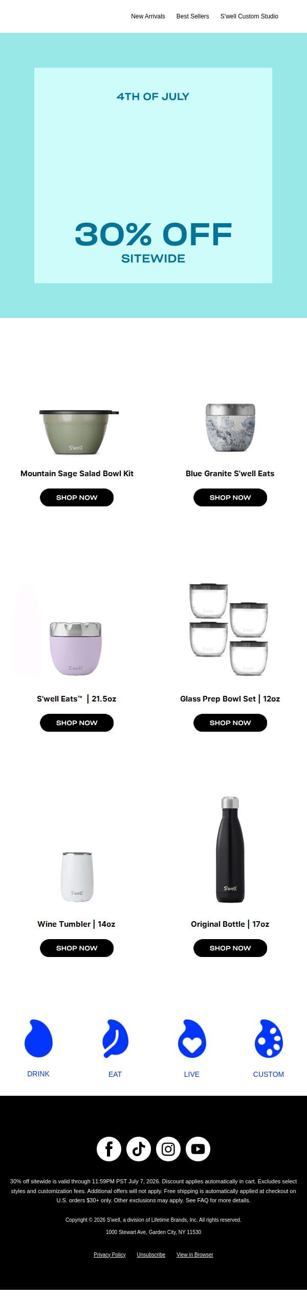 4th Of July Sale Is Here! 30% Off Sitewide email from S'well screenshot