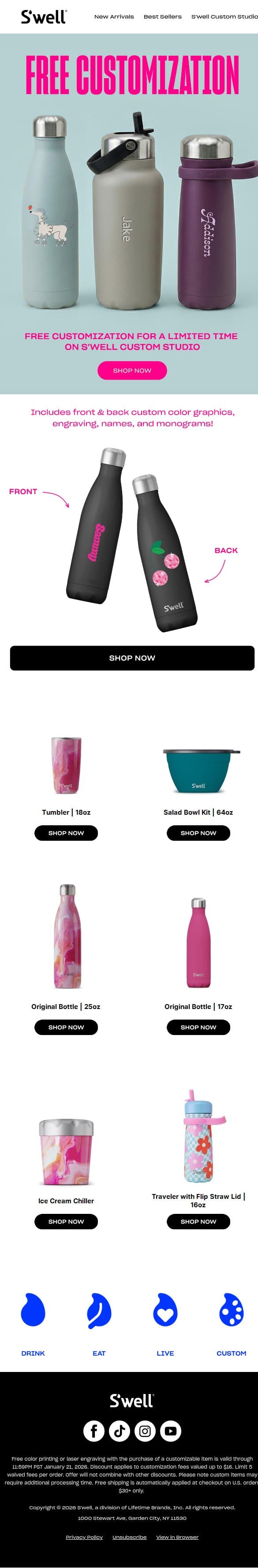 Free Customization On Us email from S'well screenshot