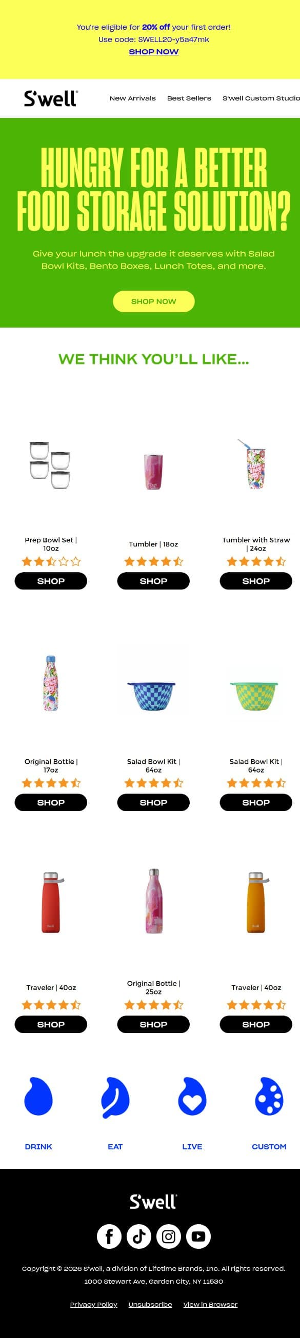 👋Your 20% off code is still waiting. 👋 email from S'well screenshot