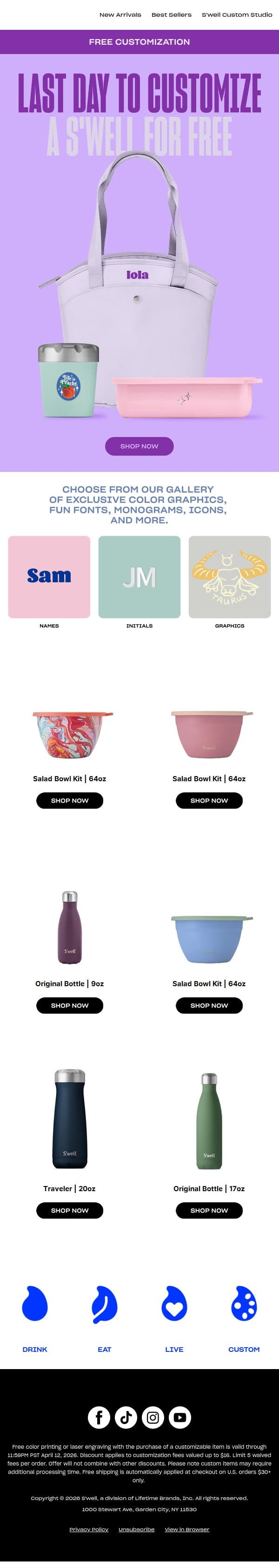Last Chance To Get Free Customization email from S'well screenshot
