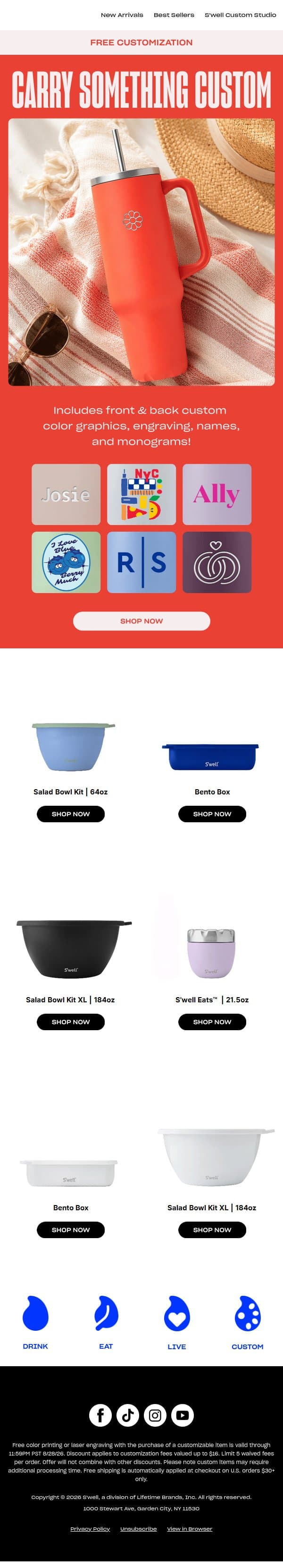 Still Thinking About Free Customization? email from S'well screenshot
