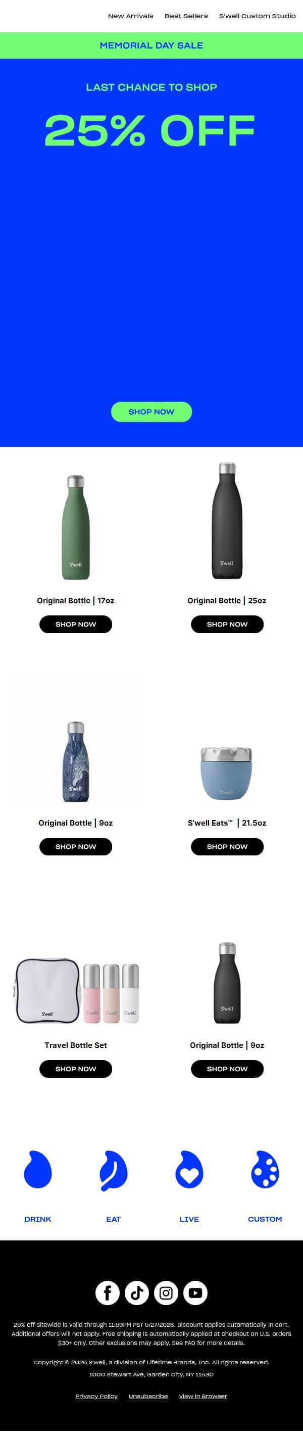 Last Day For 25% Off Sitewide email from S'well screenshot