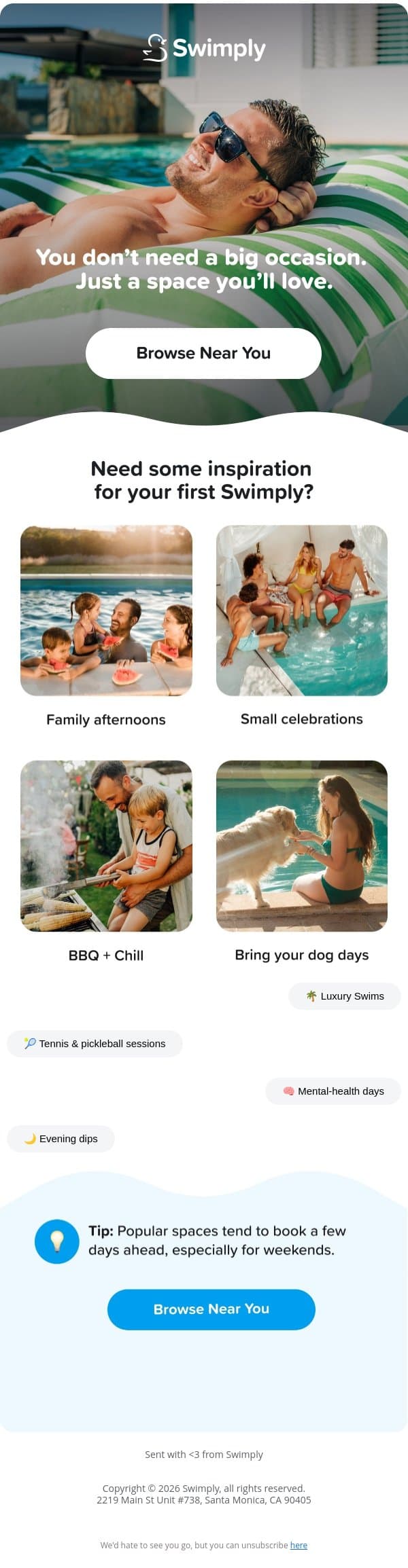 Ways people are using Swimply right now email from Swimply screenshot