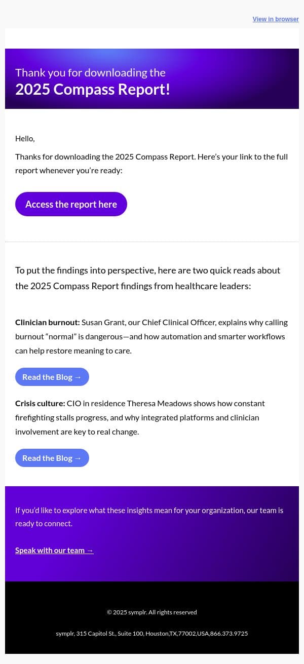 Your copy of the 2025 Compass Report email from symplr screenshot
