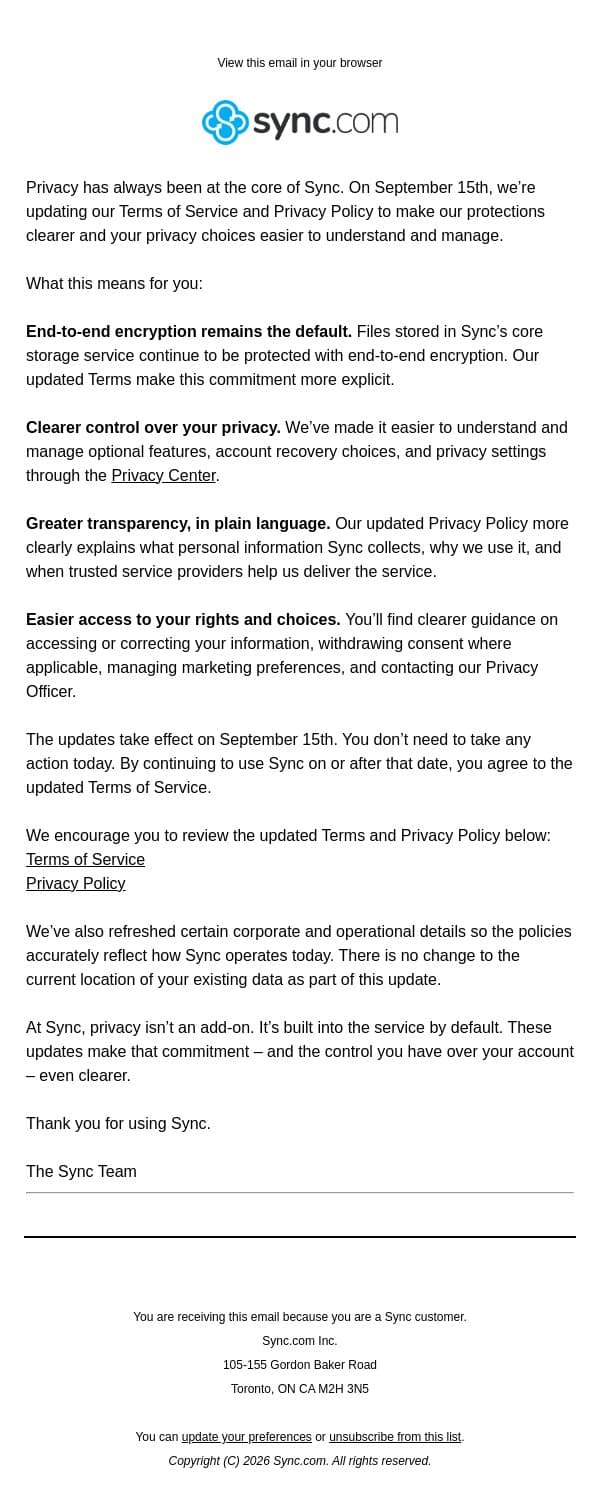 Update to Terms of Service and Privacy Policy email from Sync.com screenshot