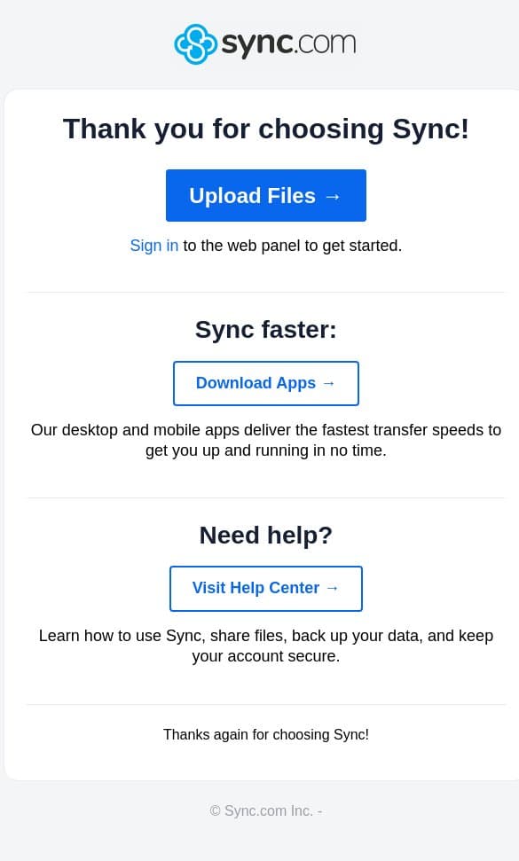 Welcome to Sync.com! Your secure cloud is ready. email from Sync.com screenshot