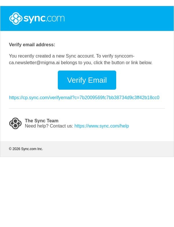 Sync.com - verify your email address email from Sync.com screenshot