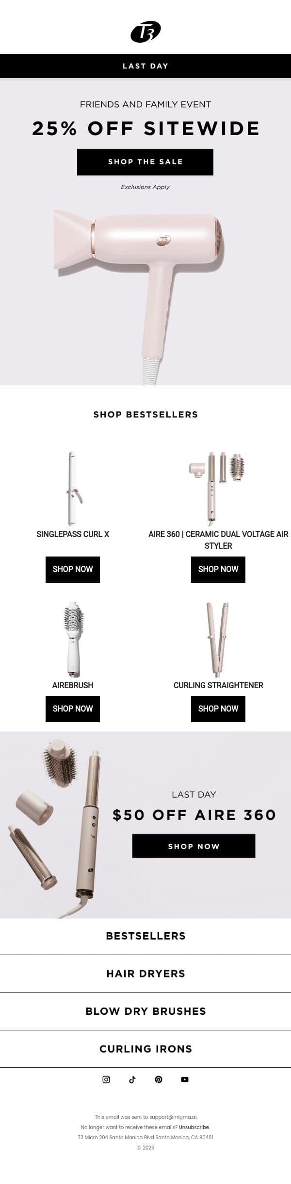 Last Chance to SALE email from T3 screenshot