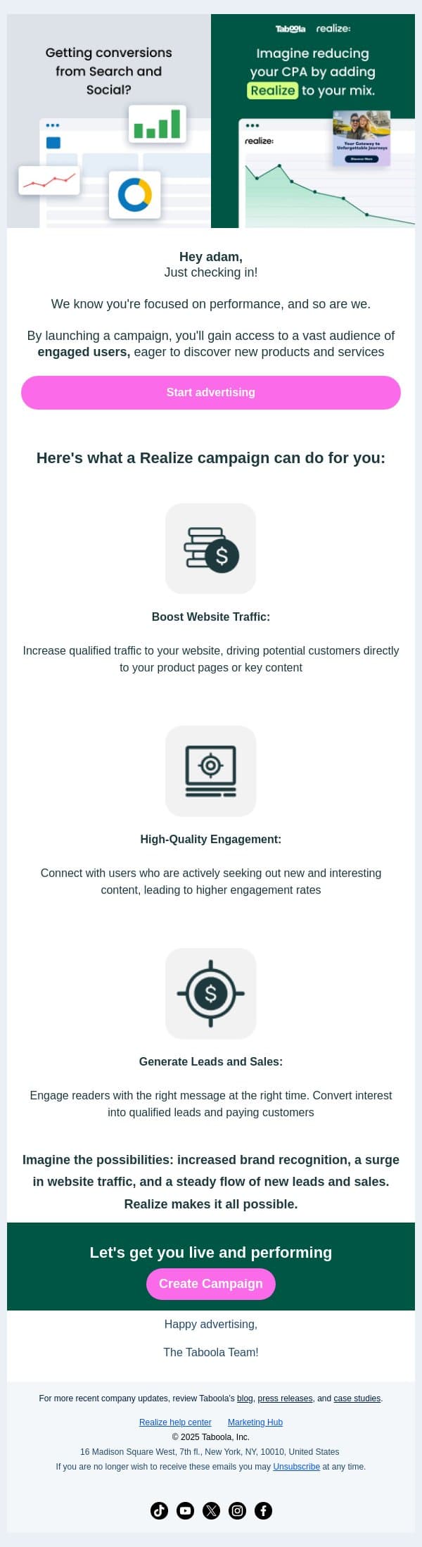 High-Intent Audiences. Real Results email from Taboola screenshot