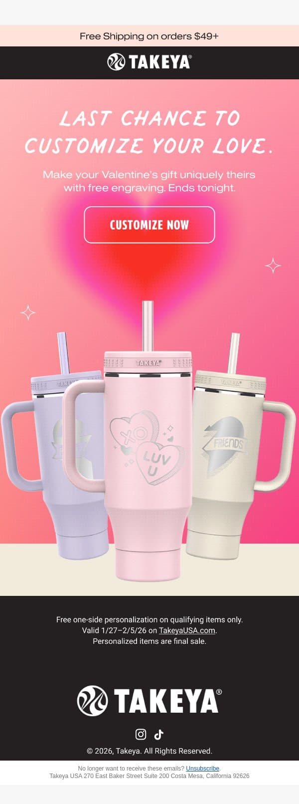 Make it Yours: Free Personalization Ends Tonight! email from Takeya screenshot