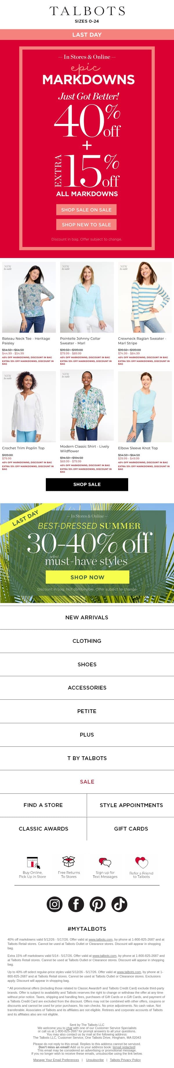LAST DAY! Extra 40% + 15% off all MARKDOWNS email from Talbots screenshot
