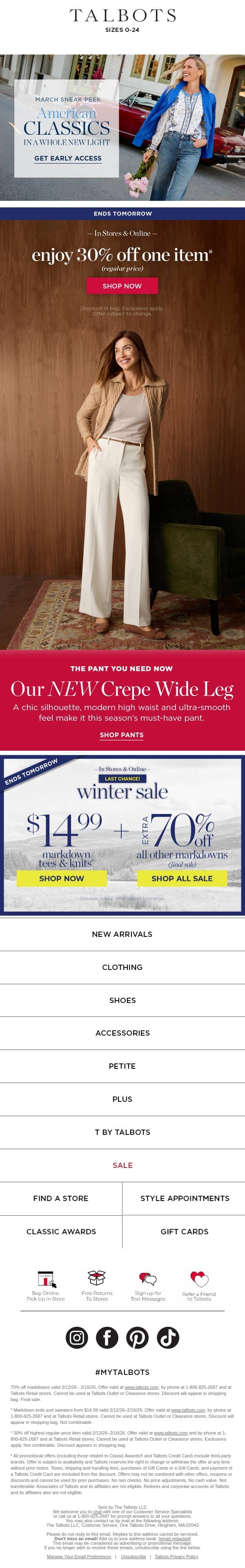 The Pant of the Season + 30% off 1 is ALMOST OVER email from Talbots screenshot