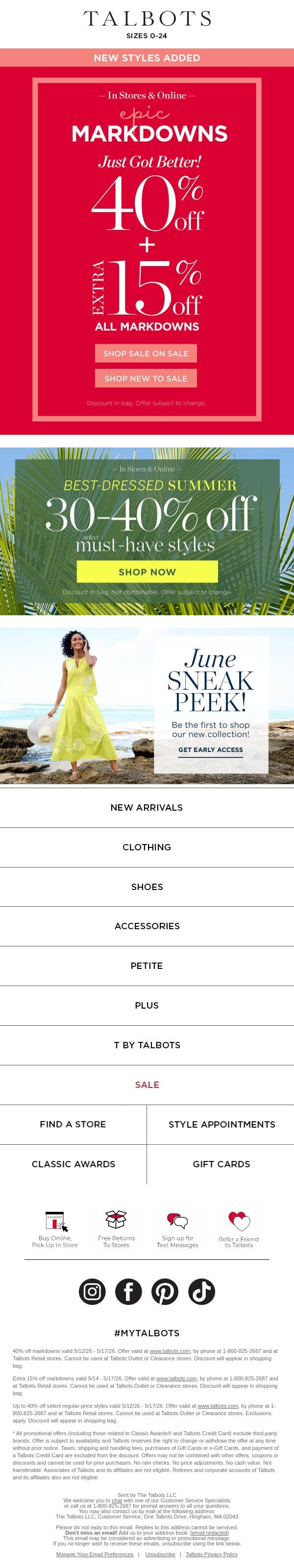 SALE ON SALE! Extra 40% + 15% off all MARKDOWNS email from Talbots screenshot