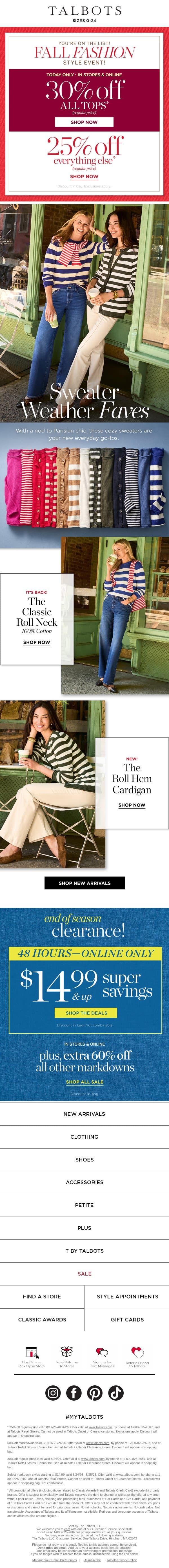 💚💛🧡 25% off FALL STYLE EVENT 🧡💛💚* email from Talbots screenshot