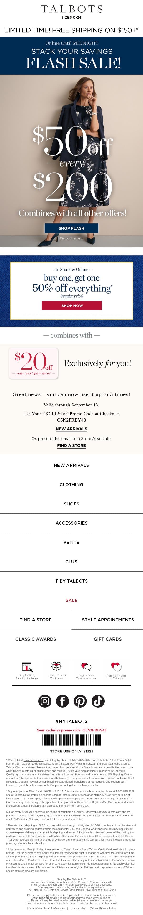STACK YOUR SAVINGS! $50 off + a FREE shipping offer* email from Talbots screenshot