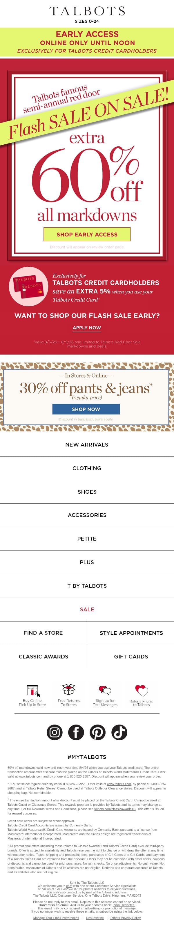 EXTRA 60% off for Talbots Credit Cardholders—APPLY NOW!* email from Talbots screenshot