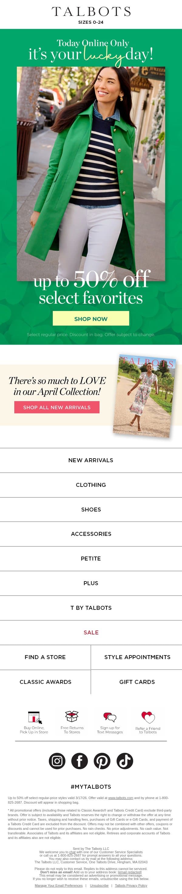 💚 Up to 50% off select favorites TODAY ONLY email from Talbots screenshot