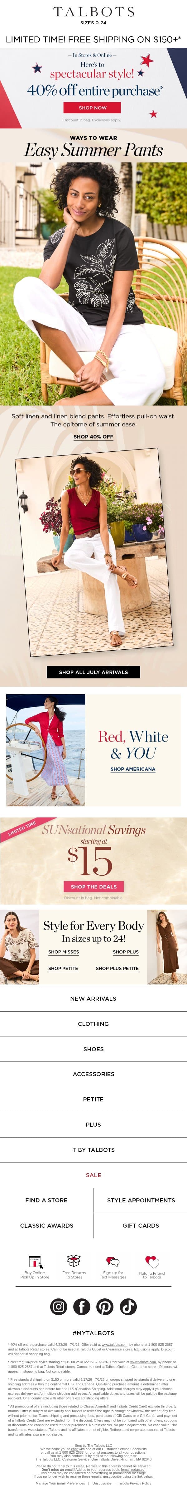40% off + Easy Summer Pants email from Talbots screenshot