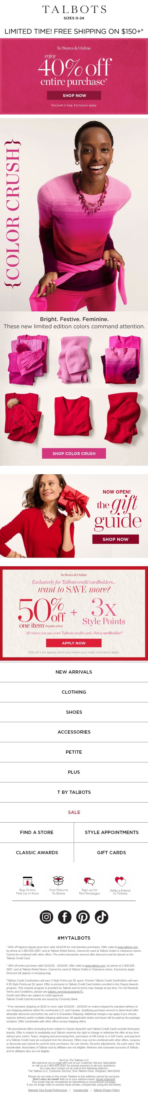 40% off ENTIRE purchase + FREE shipping offer 🛍️* email from Talbots screenshot