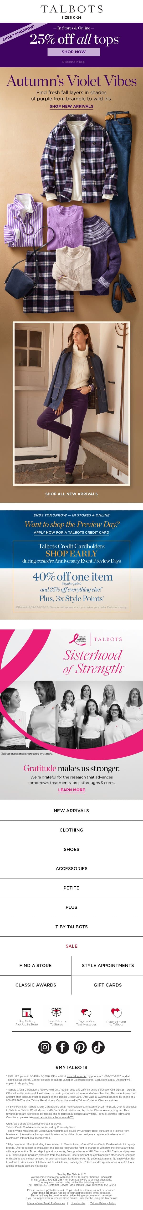 ENDS TOMORROW! 25% off all TOPS! email from Talbots screenshot