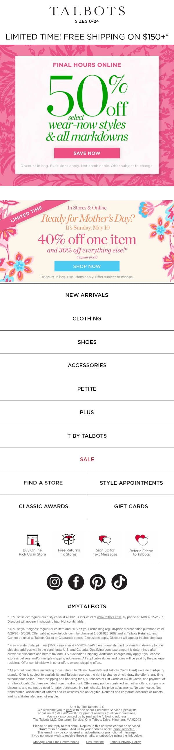 ENDING! 50% off select FAVORITES + ALL markdowns email from Talbots screenshot