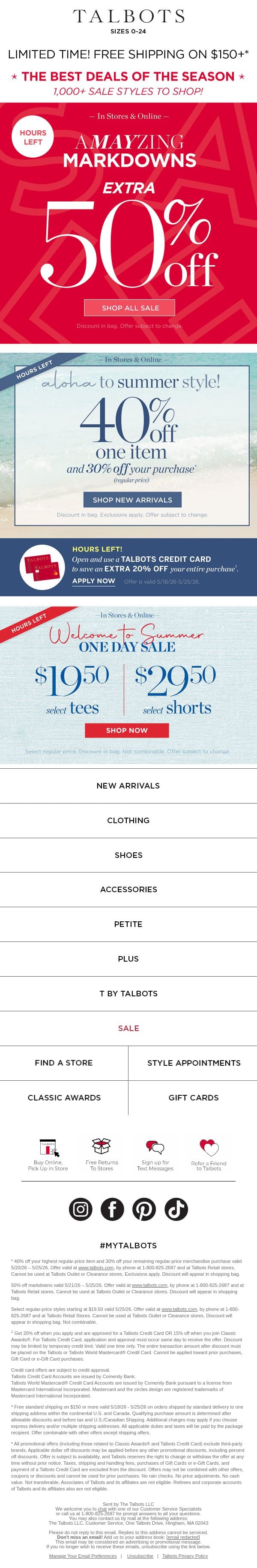 50% off? 40% off? $19.50 tees? HOURS LEFT! email from Talbots screenshot