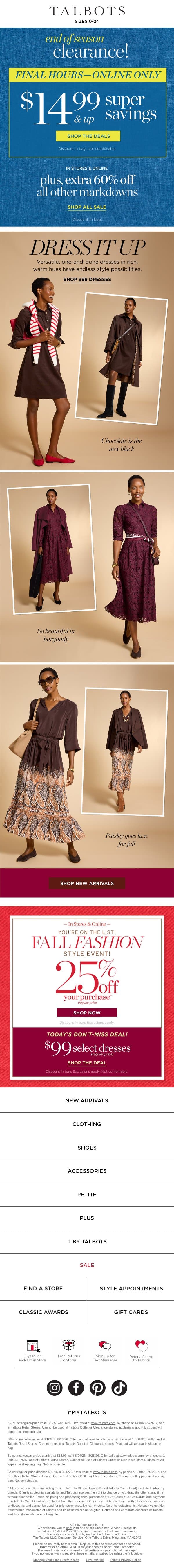 FINAL HOURS for $99 wear-everywhere dresses* email from Talbots screenshot