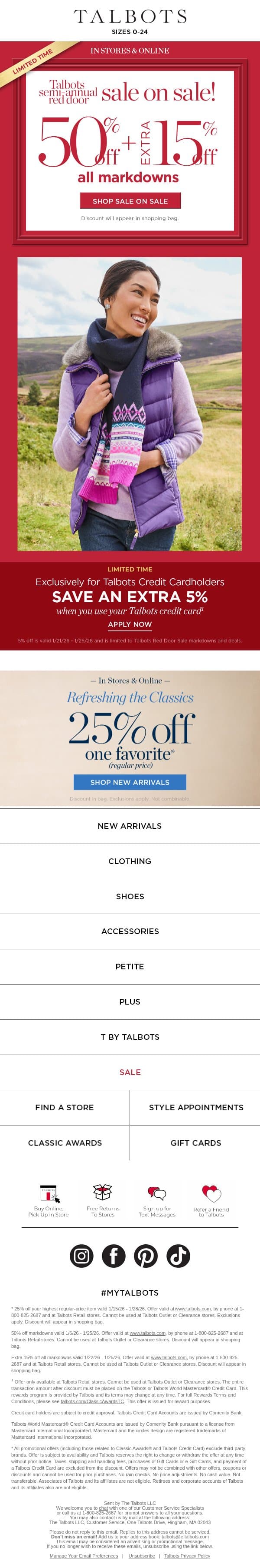 EXTRA 50% + 15% off ALL markdowns email from Talbots screenshot