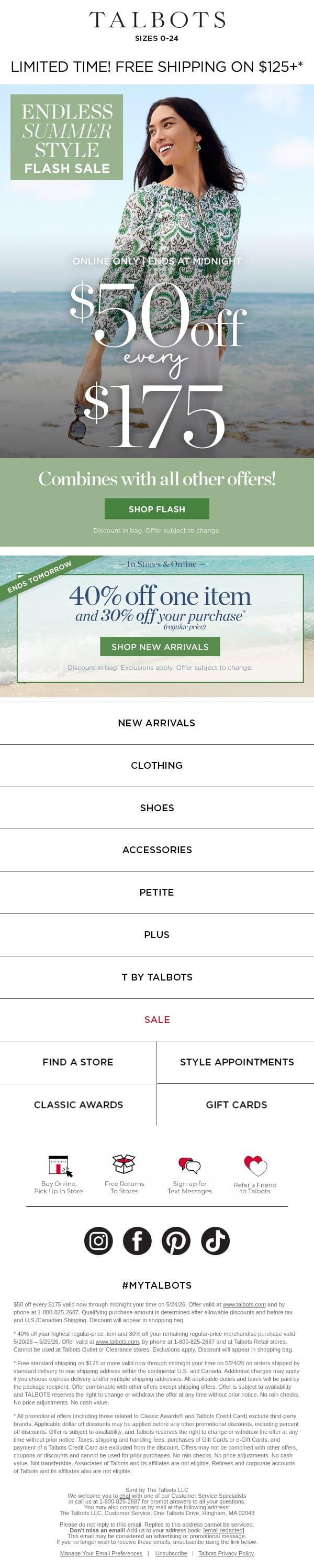 ⚡ Flash Sale ⚡ $50 off $175, combines with ALL offers! email from Talbots screenshot