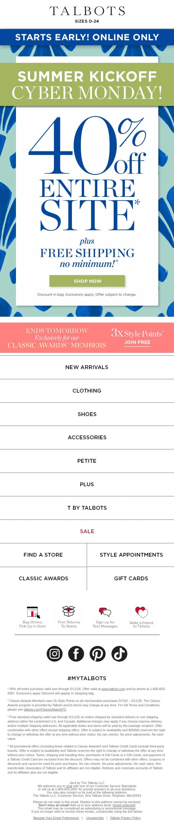 40% off + FREE Ship Summer Cyber Monday IS HERE! email from Talbots screenshot