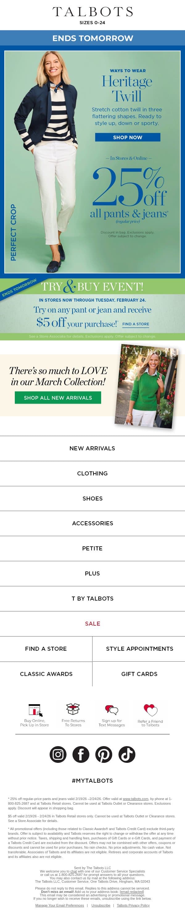 25% off Pants & Jeans ENDS TOMORROW! email from Talbots screenshot
