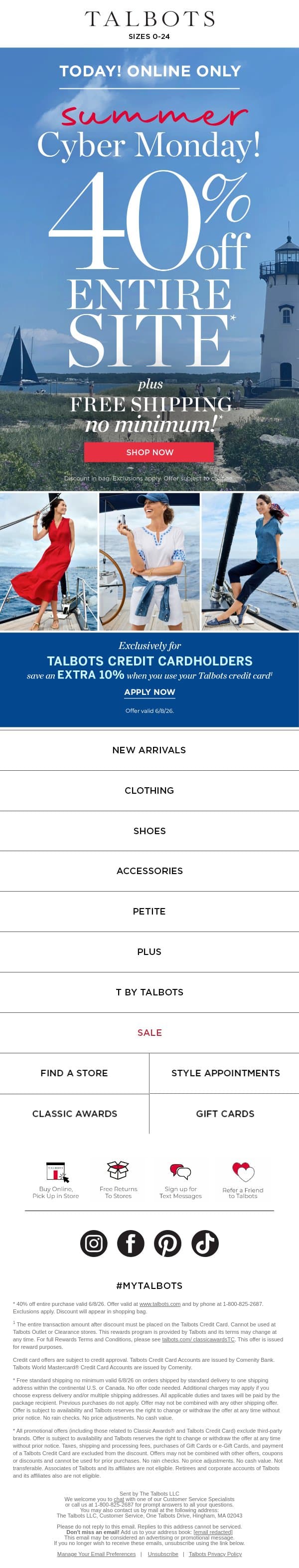 🌴 40% off ENTIRE SITE + FREE shipping Summer Cyber Monday* email from Talbots screenshot