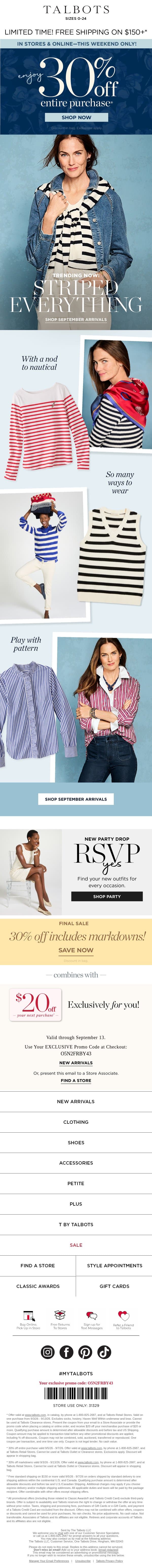 Stripe It Up & 30% + $20 off your purchase email from Talbots screenshot