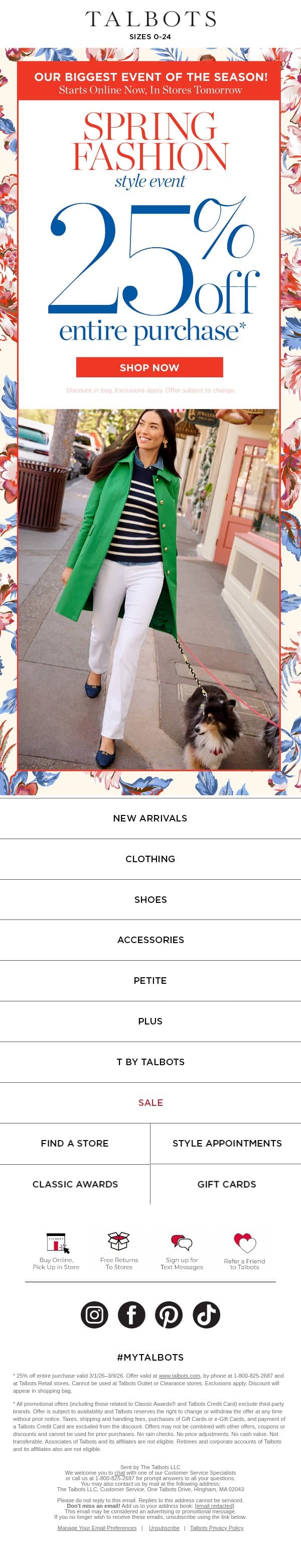 25% off everything you NEED FOR SPRING 💚 * email from Talbots screenshot