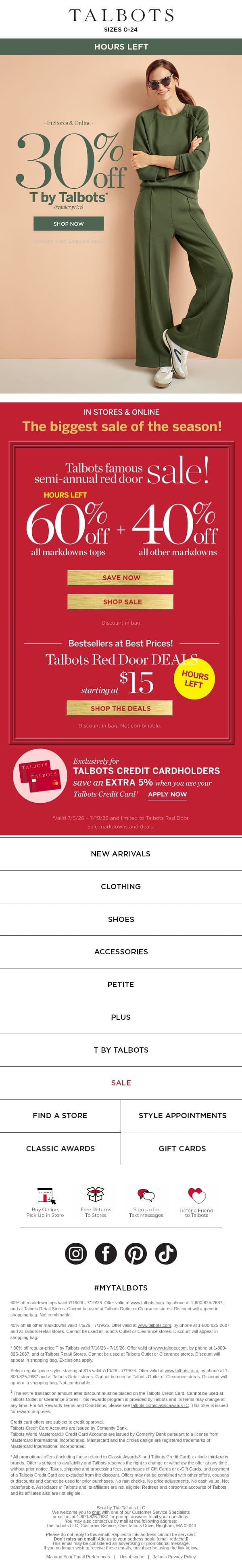 ENDING! 30% off T by Talbots, including AirKnit Stretch* email from Talbots screenshot