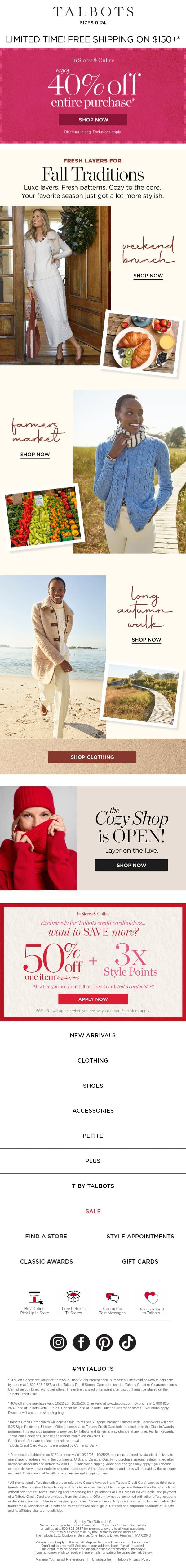 40% off ENTIRE purchase + FREE shipping* email from Talbots screenshot