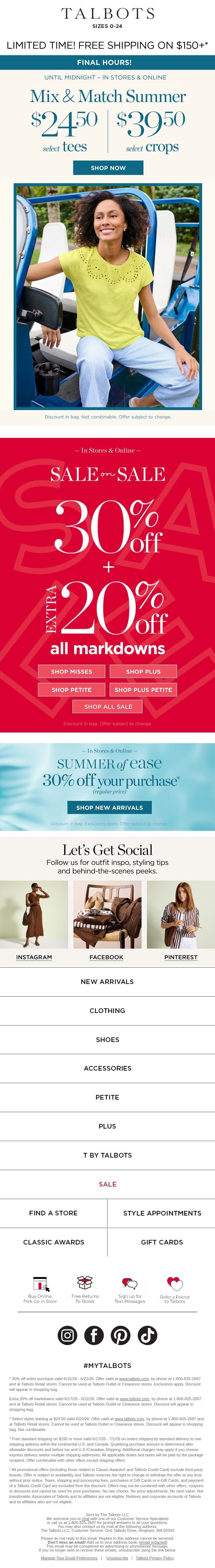 $24.50 tees + $39.50 crops is ENDING! email from Talbots screenshot