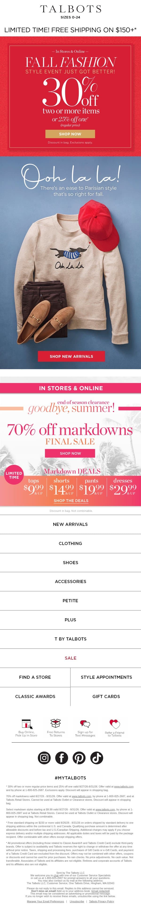 Your guide to Parisian style & 30% off 2+ items* email from Talbots screenshot