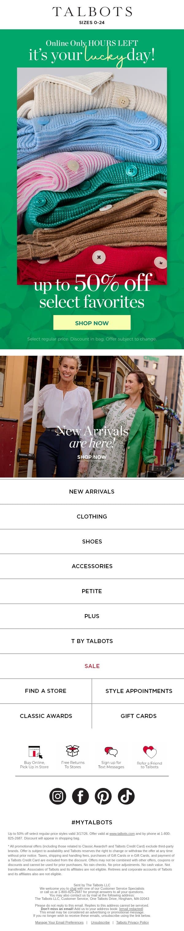 🍀 LUCK of the STYLISH—up to 50% off select styles! email from Talbots screenshot