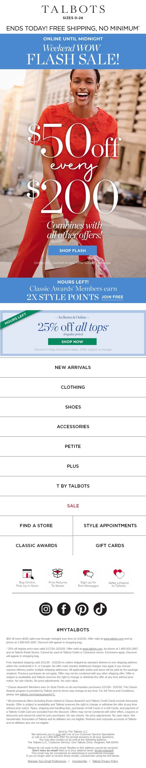⚡ FLASH SALE ⚡ $50 off + FREE shipping email from Talbots screenshot