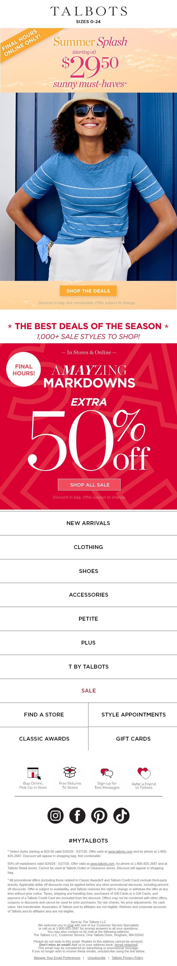 LAST CALL! Extra 50% off sale + $29.50 & up sunny must-haves email from Talbots screenshot