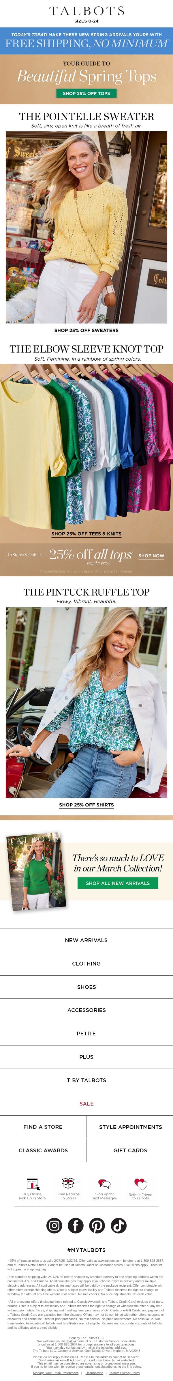 FREE shipping + Ultra-Feminine TOPS (all 25% off!)* email from Talbots screenshot