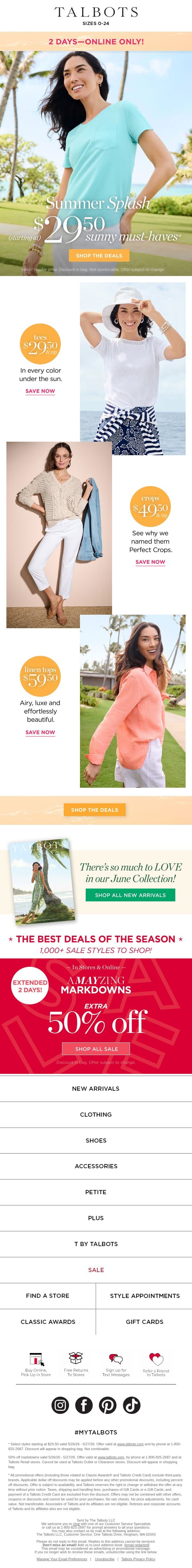 2 days, ONLINE only—$29.50 & up sunny must-haves! email from Talbots screenshot