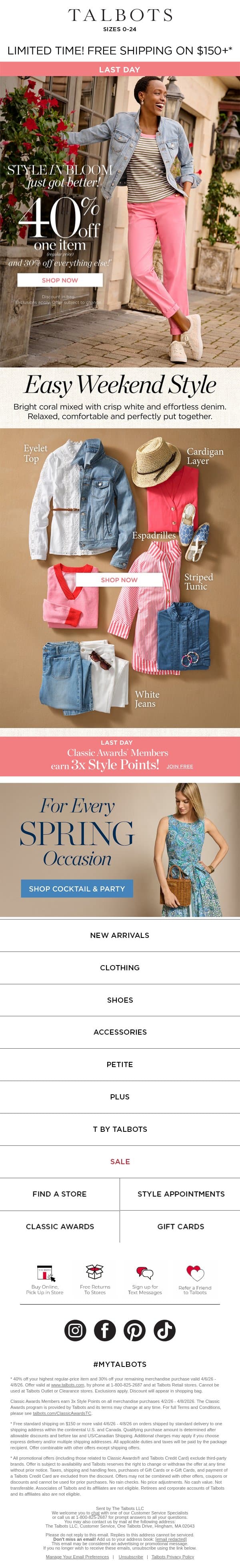 LAST DAY! 40% off 1 + 30% off everything else is ENDING* email from Talbots screenshot