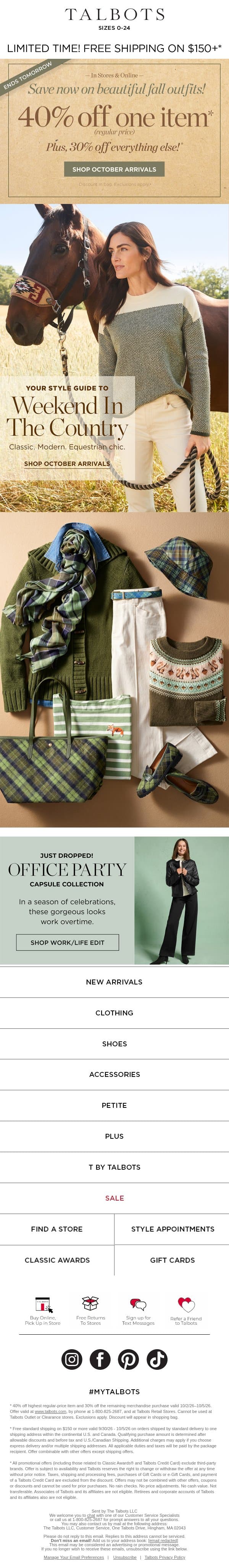 40% off 1 + 30% off the rest ENDS TOMORROW* email from Talbots screenshot