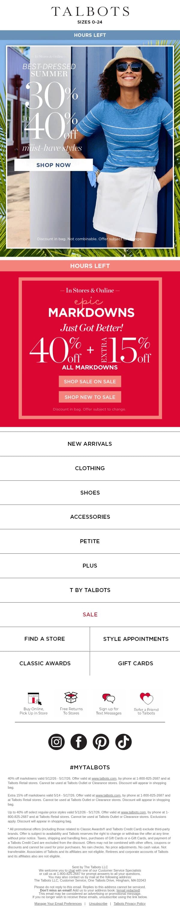 30-40% off summer must-haves HOURS LEFT email from Talbots screenshot